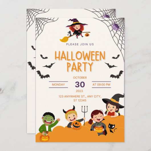 かわいい子供たちの衣装パーティートリックまたはハロウィーンの治療 招待状 (正面/裏面)