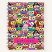 かわいい子供たちカラフルフクロウ漫画シームレスパターン ノートブック (正面)