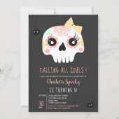 かわいい子供たちスカルピンクボウハロウィーン5歳の誕生日 招待状 (正面)