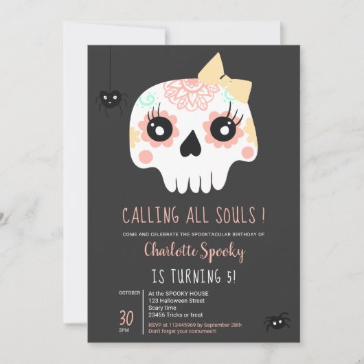かわいい子供たちスカルピンクボウハロウィーン5歳の誕生日 招待状 (正面)