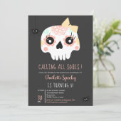 かわいい子供たちスカルピンクボウハロウィーン5歳の誕生日 招待状 (スタンド正面)