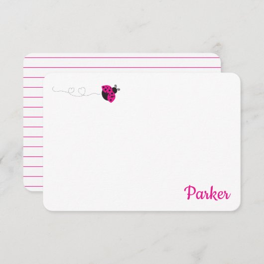 かわいい子供たち文房具ピンクのレディーバグのノートカード サンキューカード (正面/裏面)