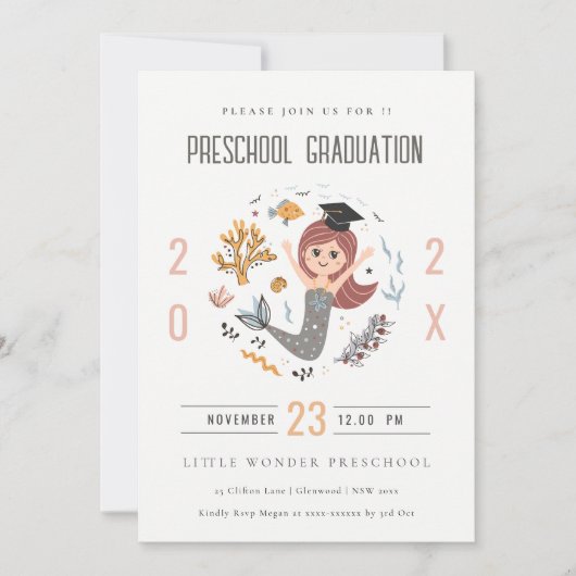 かわいい子供たち水中マーメイドプリスクール卒業 招待状 (正面)