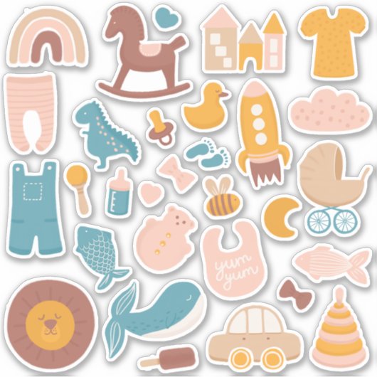 かわいい子供たち赤ん坊の動物とおもちゃ。おもしろい子供部屋 シール (正面)