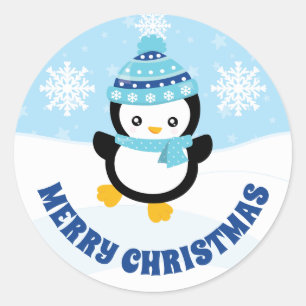 かわいい子供たち青い帽子ペンギン メリークリスマス ラウンドシール