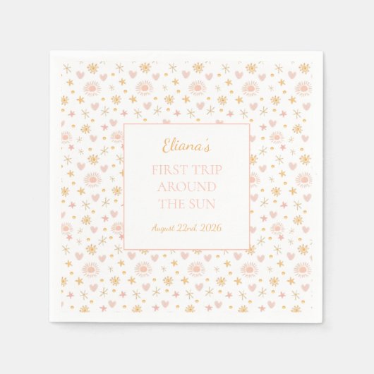 かわいい子供たち「日のまわりにの最初の旅」誕生日 スタンダードカクテルナプキン (正面)