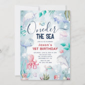 かわいい子供たち 水彩 人魚姫の海 1歳の誕生日 招待状 (正面)