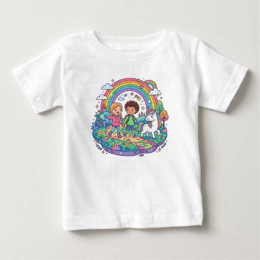 かわいい子供とユニコーン虹の魔法の冒険T ベビーTシャツ (正面)