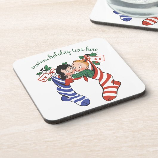 かわいい子供のいるビンテージクリスマスストッキング コースター (左側)
