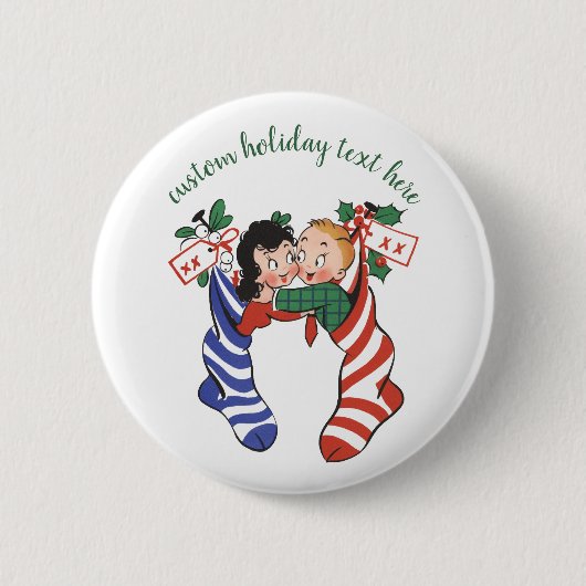 かわいい子供のいるビンテージクリスマスストッキング 缶バッジ (正面)