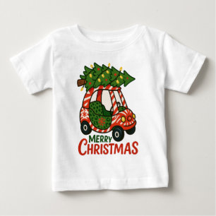 かわいい子供のクリスマスカーXmasツリー ベビーTシャツ