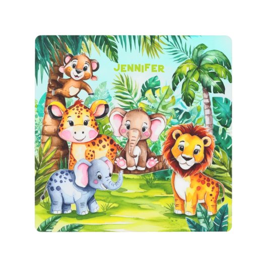 かわいい子供のサファリ ジャングル 動物 名前入り メタルプリント (正面)