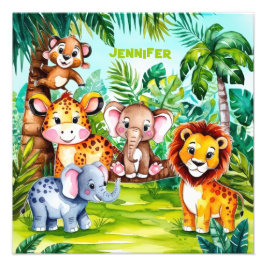 かわいい子供のサファリ ジャングル 動物 名前入れ フォトプリント           