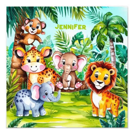 かわいい子供のサファリ ジャングル 動物 名前入れ フォトプリント            (正面)