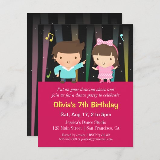 かわいい子供のディスコライトダンスの誕生会 招待状 (正面/裏面)