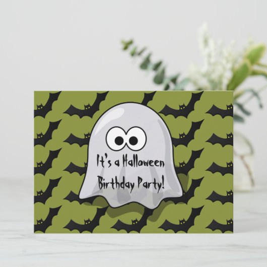 かわいい子供のハロウィンの誕生会の幽霊およびこうもり 招待状 (スタンド正面)