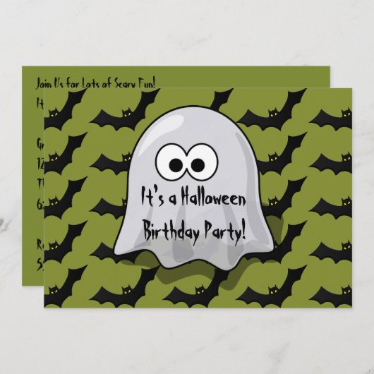 かわいい子供のハロウィンの誕生会の幽霊およびこうもり 招待状 (正面/裏面)