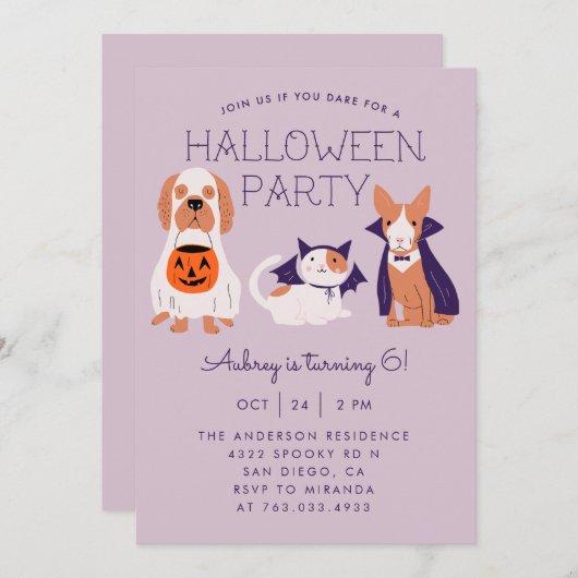 かわいい子供のハロウィンの誕生会 招待状 (正面/裏面)