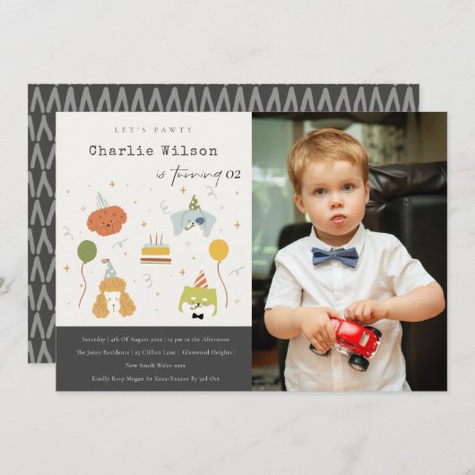 かわいい子供のパーティー子犬の写真任意の年齢誕生日 招待状 (正面/裏面)