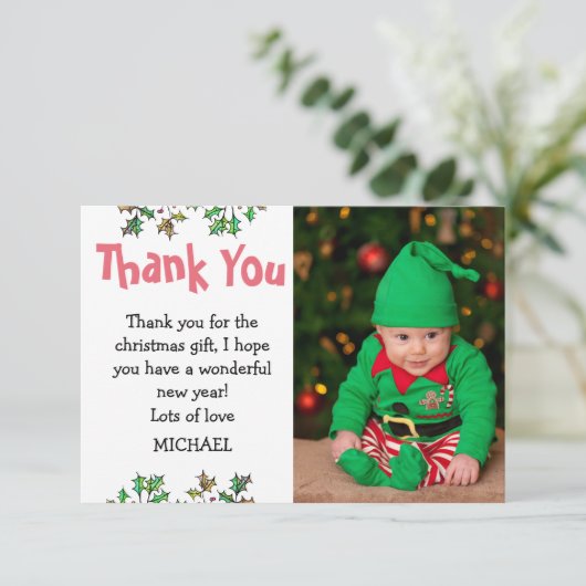かわいい子供のホリーデータの写真クリスマス サンキューカード (スタンド正面)
