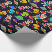 かわいい子供のレトロの宇宙飛行士、ロボットおよび惑星v2 ラッピングペーパー (角)