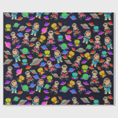 かわいい子供のレトロの宇宙飛行士、ロボットおよび惑星v2 ラッピングペーパー (フラット)