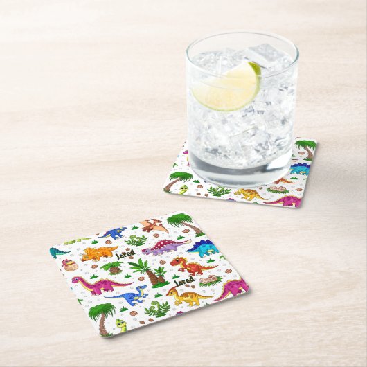 かわいい子供の名前シームレスなパターン恐竜 スクエアペーパーコースター (インサイチュ)