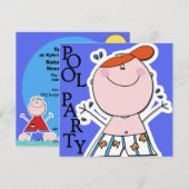 かわいい子供の夏のプールパーティー水泳誕生日 招待状 (正面/裏面)