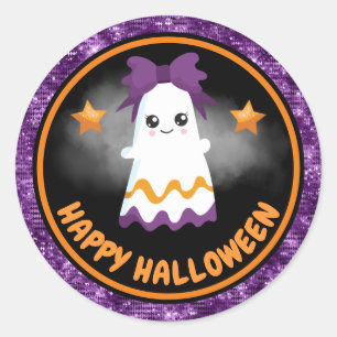 かわいい子供の女の子の幽霊と紫のグリッター ハロウィン ラウンドシール