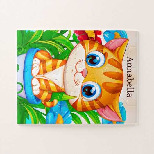 かわいい子供の女の子の猫好き追加の名前 ジグソーパズル (横)