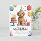 かわいい子供の子犬の1歳の誕生日パーティー 招待状 (スタンド正面)