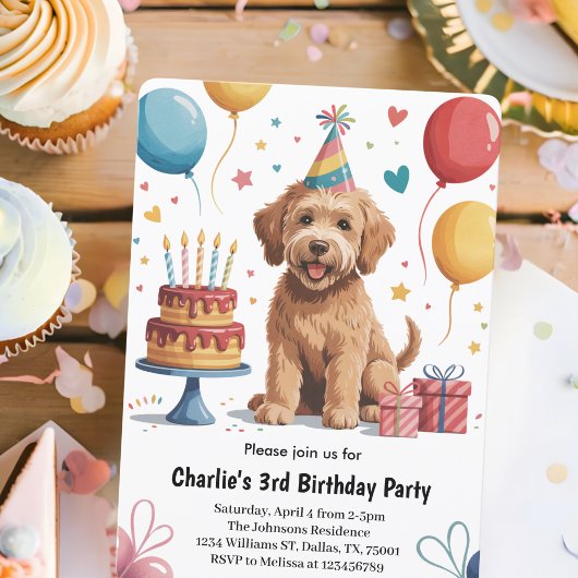 かわいい子供の子犬の3歳の誕生日パーティー 招待状