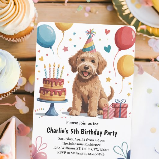かわいい子供の子犬5歳の誕生日パーティー 招待状