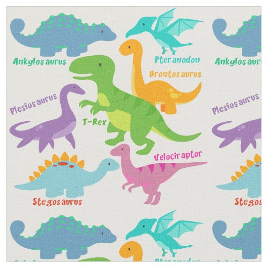 かわいい子供の恐竜と名前 ファブリック (クローズアップ)