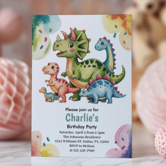 かわいい子供の恐竜テーマの誕生日パーティー 招待状