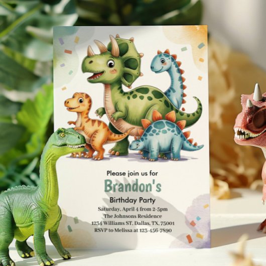 かわいい子供の恐竜テーマの誕生日パーティー 招待状