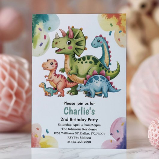 かわいい子供の恐竜テーマ2歳の誕生日パーティー 招待状