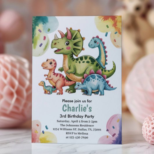 かわいい子供の恐竜テーマ3歳の誕生日パーティー 招待状