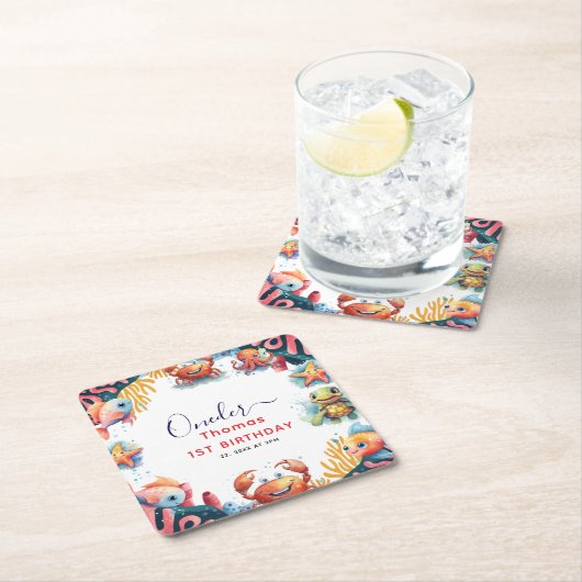 かわいい子供の水色ワンダーザ海の最初の誕生日 スクエアペーパーコースター (インサイチュ)