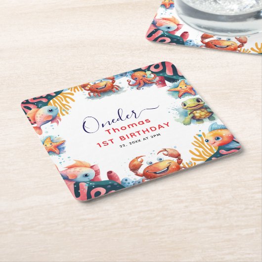 かわいい子供の水色ワンダーザ海の最初の誕生日 スクエアペーパーコースター (アングル)