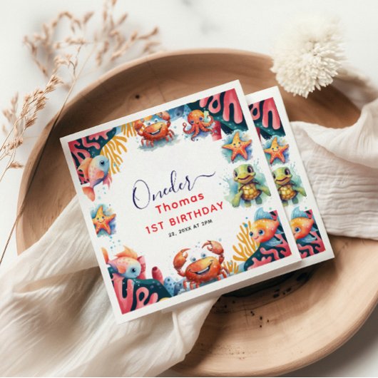 かわいい子供の水色ワンダーザ海の最初の誕生日 スタンダードカクテルナプキン