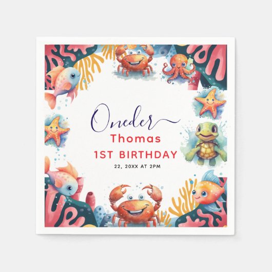 かわいい子供の水色ワンダーザ海の最初の誕生日 スタンダードカクテルナプキン (正面)