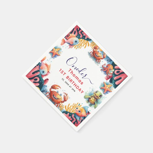 かわいい子供の水色ワンダーザ海の最初の誕生日 スタンダードカクテルナプキン (角)