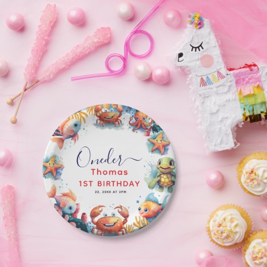 かわいい子供の水色ワンダーザ海の最初の誕生日 ペーパープレート (パーティー)