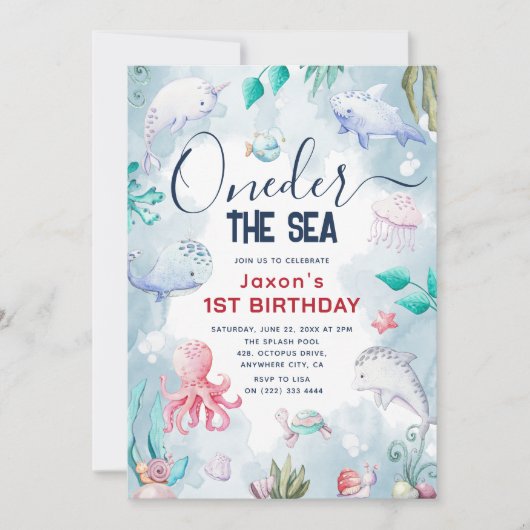 かわいい子供の水色ワンダーザ海の最初の誕生日 招待状 (正面)