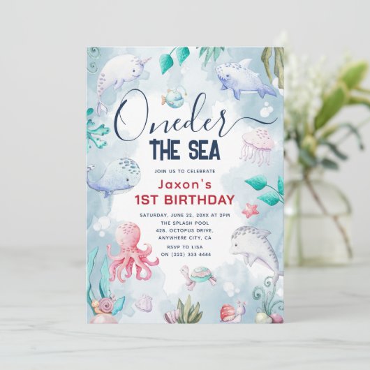 かわいい子供の水色ワンダーザ海の最初の誕生日 招待状 (スタンド正面)