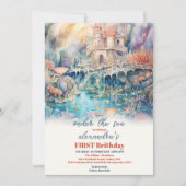 かわいい子供の水色ワンダーザ海の最初の誕生日 招待状 (正面)