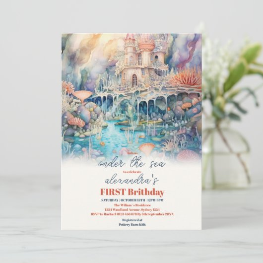 かわいい子供の水色ワンダーザ海の最初の誕生日 招待状 (スタンド正面)