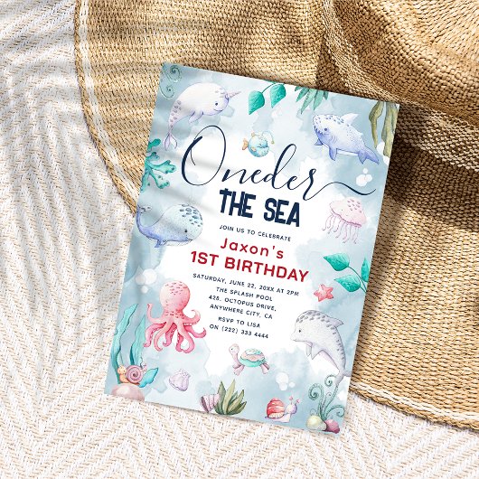 かわいい子供の水色ワンダーザ海の最初の誕生日 招待状