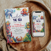 かわいい子供の水色ワンダーザ海の最初の誕生日 招待状